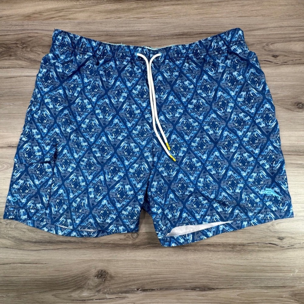Tommy Bahama Mens XL Blue Geometric Diamond Ikat Swim Trunks Mesh Lined Cargo